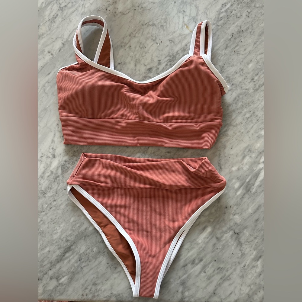 LainSnow Dusty Rose Ribbed Bikini with White Trim